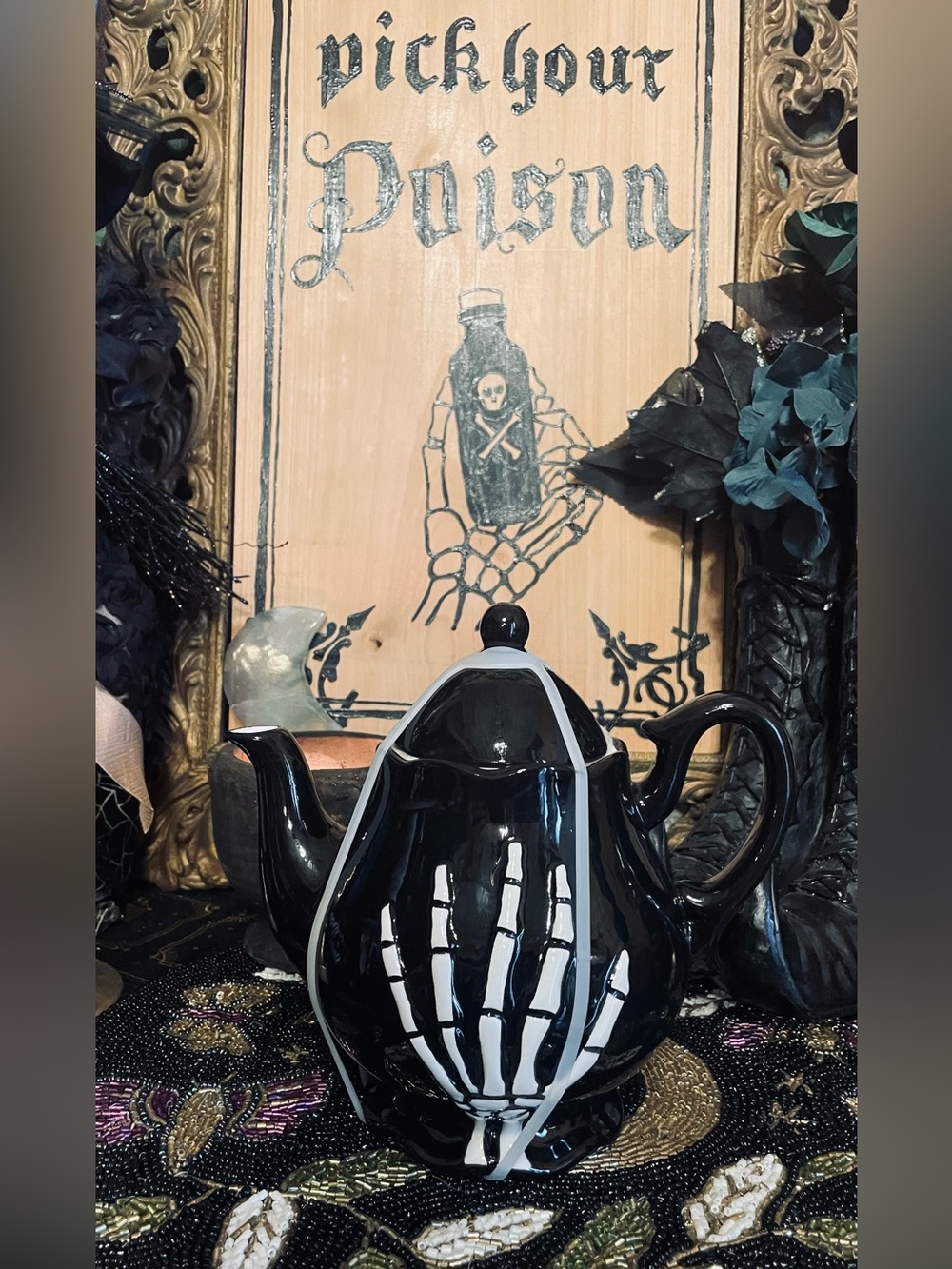 SPOOKY HOLLOW Skeleton Hand Ceramic Teapot Gothic Halloween Decorative Decor